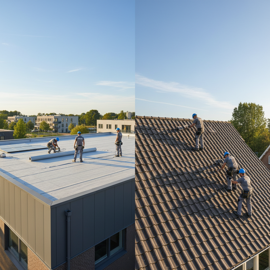 Verschillende dakbedekking soorten voor platte en schuine daken, met opties voor renovatie en onderhoud.