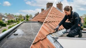 Tekenen van een beginnend daklek, zoals watervlekken en beschadigde dakpannen, zodat huiseigenaren problemen in een vroeg stadium kunnen opsporen.