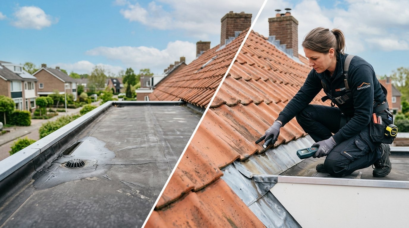 Tekenen van een beginnend daklek, zoals watervlekken en beschadigde dakpannen, zodat huiseigenaren problemen in een vroeg stadium kunnen opsporen.